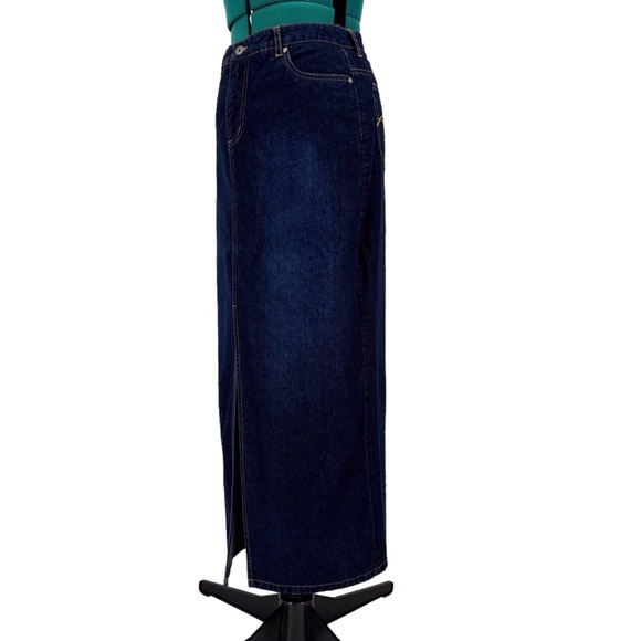 Contrast Jeans Dark Blue Wash Denim Maxi Skirt with Front Slit, 9 - Picture 6 of 16